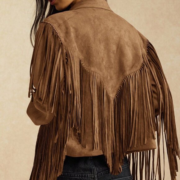 Brown Casual Women's Faux Suedette Jacket with Fringes - Picture 2 of 7